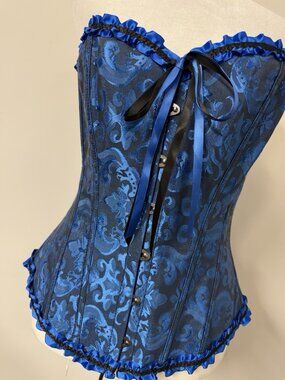 Women’s Large Blue Corset Burlesque Top Lace Up Costume Overbust Boned Lingerie
